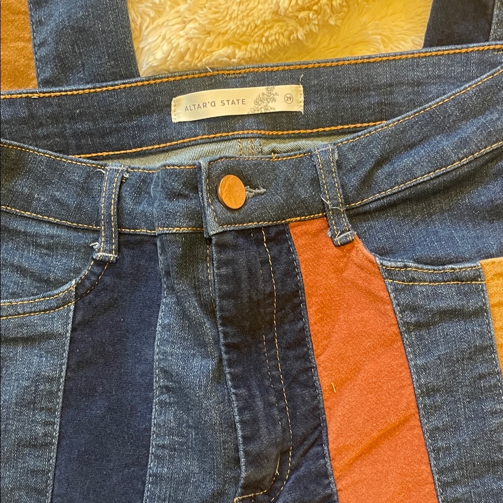 Altar'd State Striped Panel Flare Jeans in Navy, Rust & Tan - Picture 2 of 6